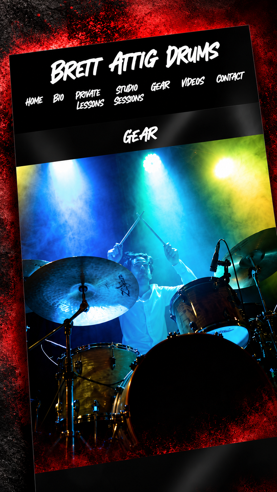 The Brett Attig Drums website on a phone